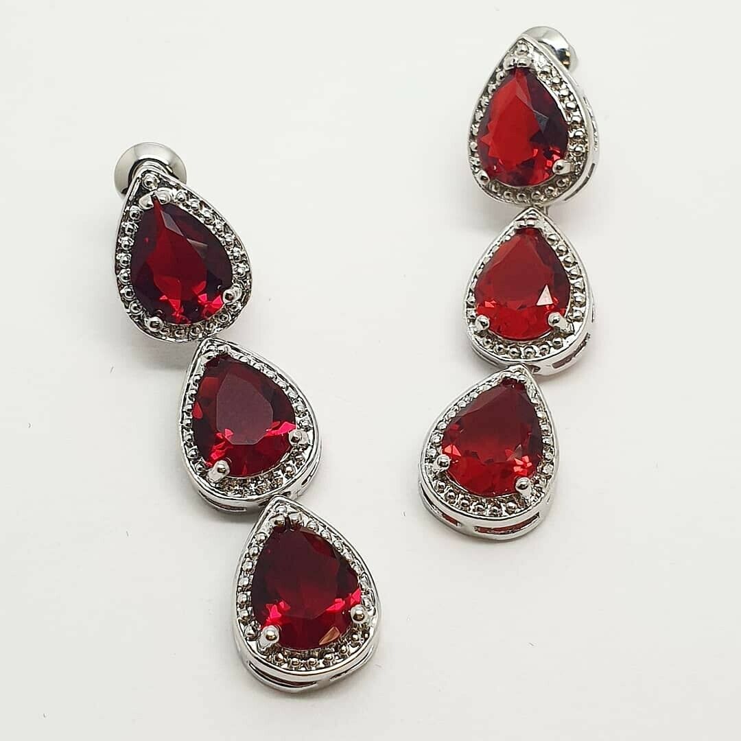 White gold finish pear cut red ruby and created diamond droplet earrings (Buy 1 Get 1 Free)