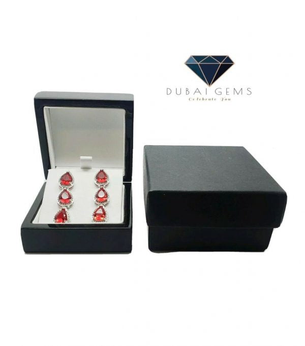 White gold finish pear cut red ruby and created diamond droplet earrings (Buy 1 Get 1 Free)