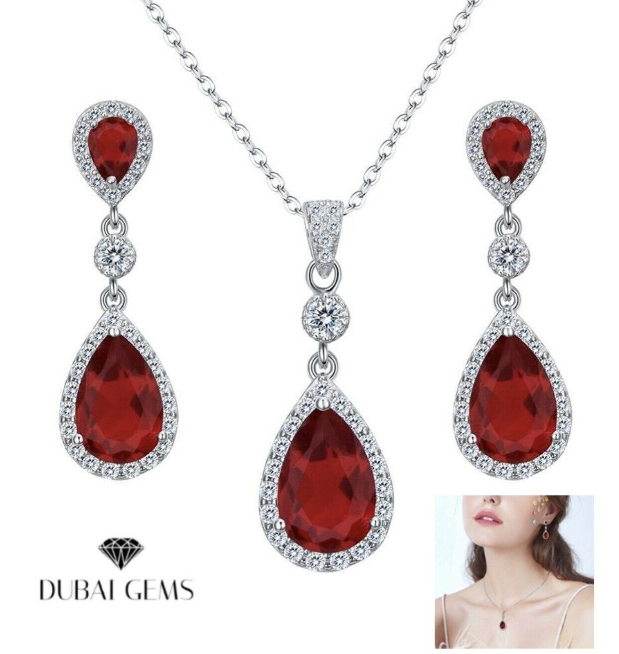 White gold finish red ruby Pear cut created diamond necklace earrings Set