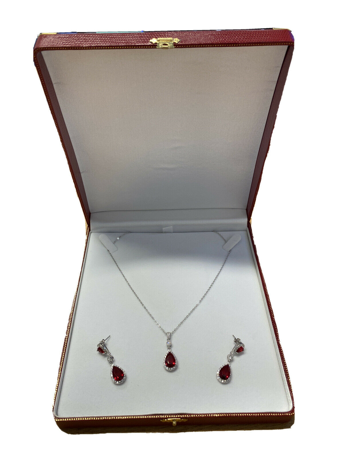 White gold finish red ruby Pear cut created diamond necklace earrings Set