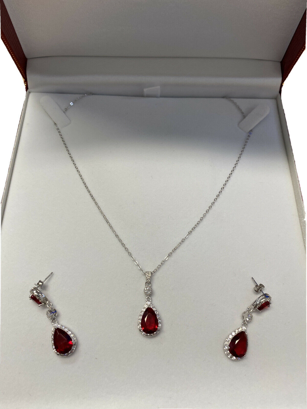 White gold finish red ruby Pear cut created diamond necklace earrings Set