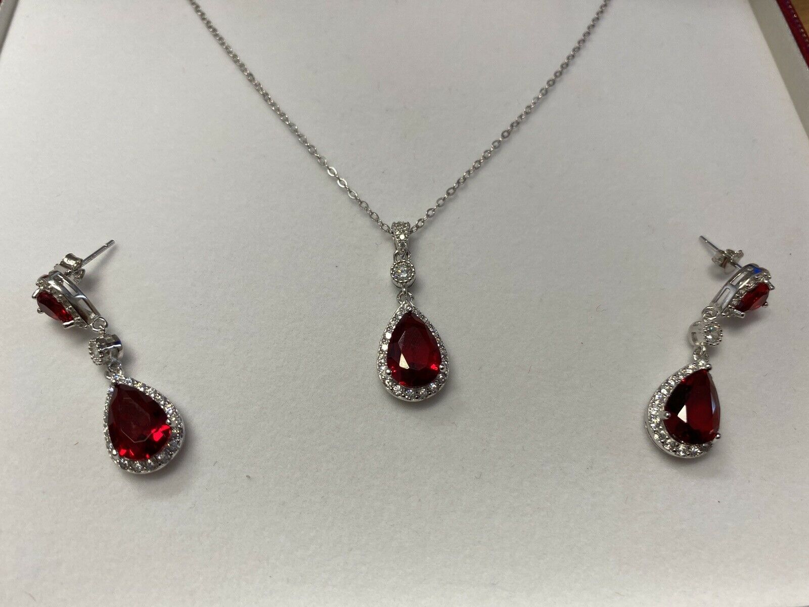 White gold finish red ruby Pear cut created diamond necklace earrings Set