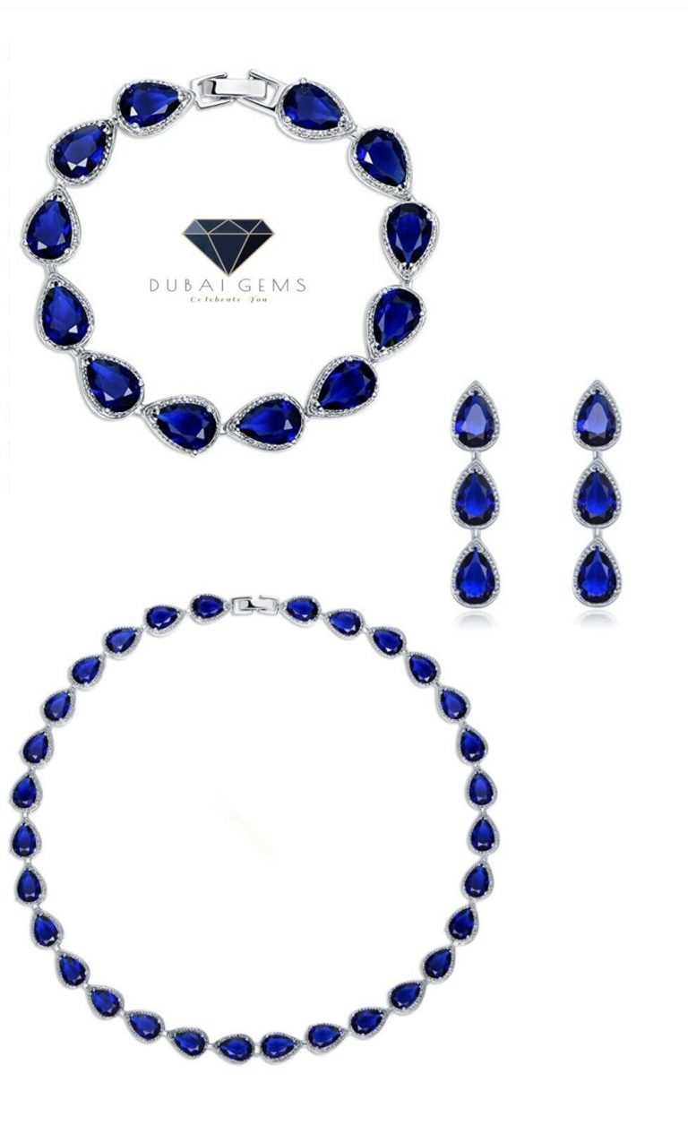 White gold finish sapphire created diamond pear necklace earrings bracelet Set