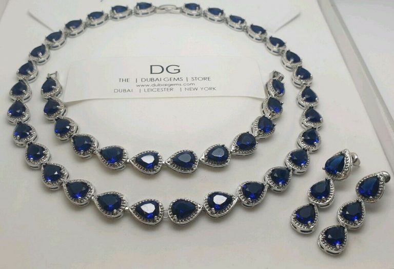 White gold finish sapphire created diamond pear necklace earrings bracelet Set