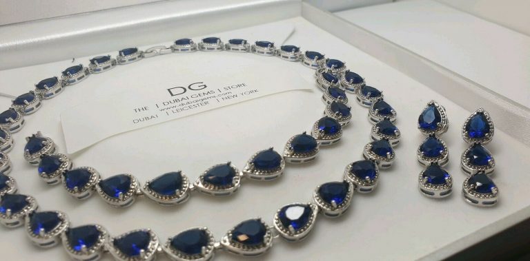 White gold finish sapphire created diamond pear necklace earrings bracelet Set