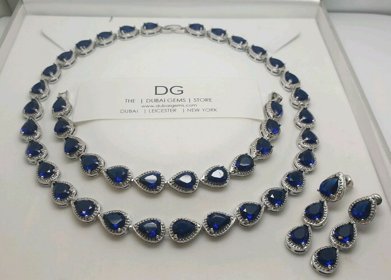 White gold finish sapphire created diamond pear necklace earrings bracelet Set