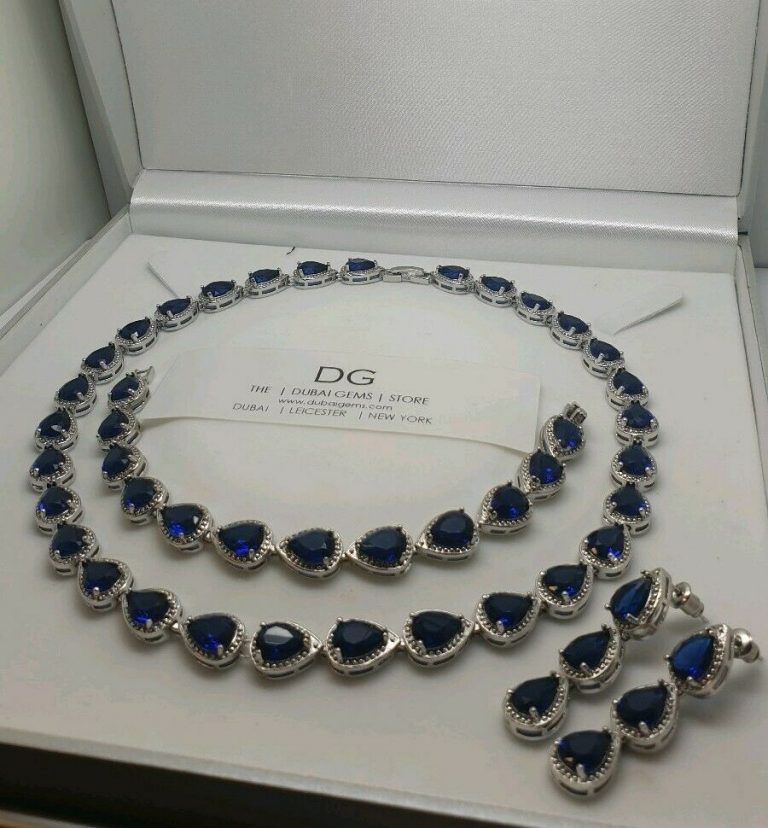 White gold finish sapphire created diamond pear necklace earrings bracelet Set