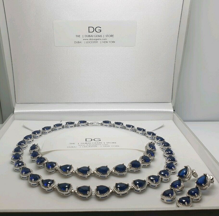 White gold finish sapphire created diamond pear necklace earrings bracelet Set