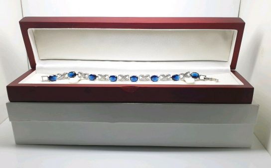 White Gold Finish blue sapphire and created diamond bracelet love and kisses