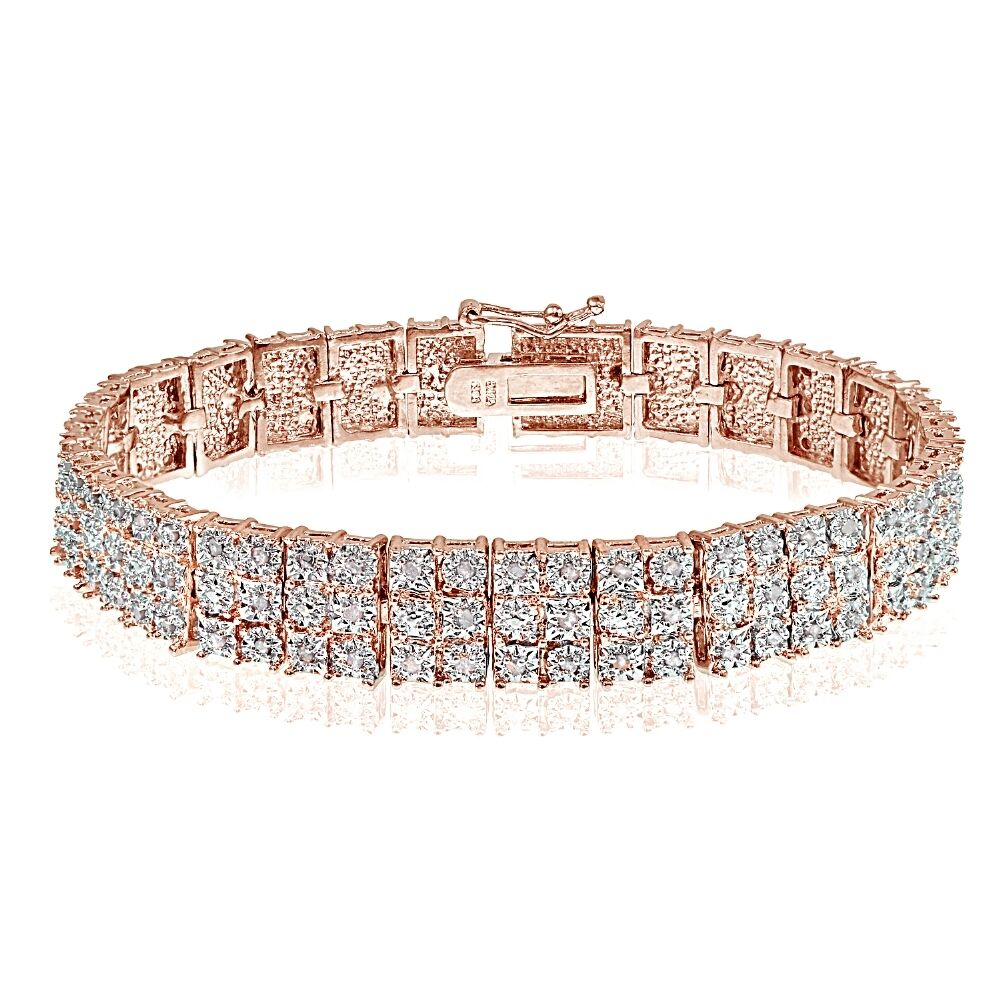 Rose Gold Finish Natural Diamond Triple Row Round Cut Bracelet With Gift Box