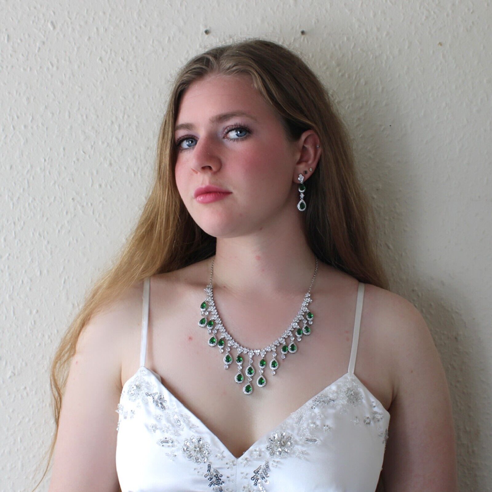 White gold finish pearcut green emerald and created diamond droplet necklace and earrings set