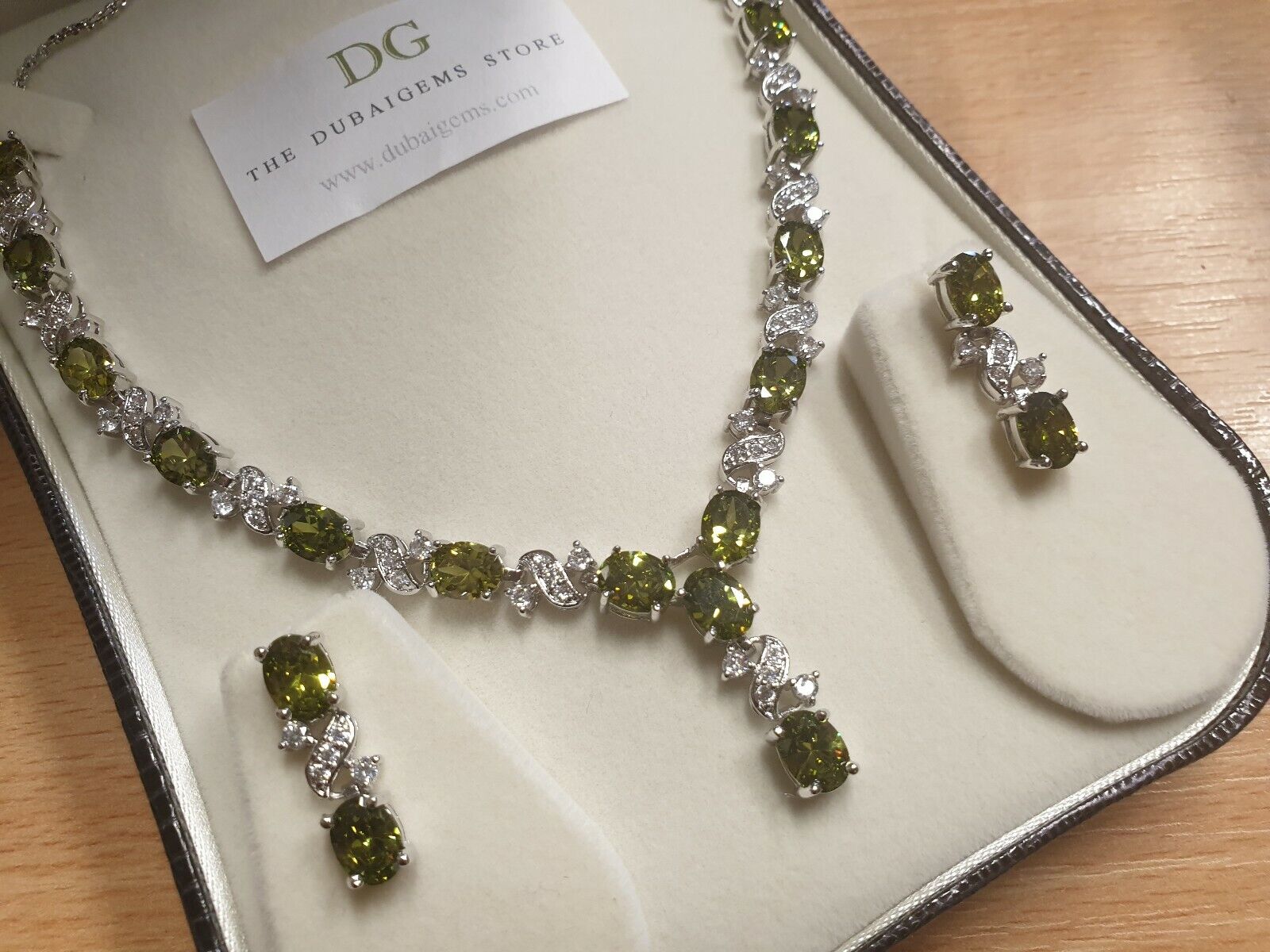 White gold finish Dorchester oval Range peridot necklace earrings gift set