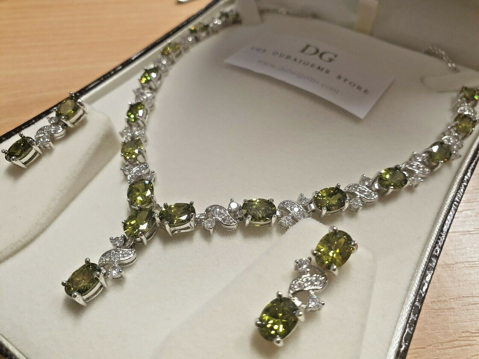 White gold finish Dorchester oval Range peridot necklace earrings gift set