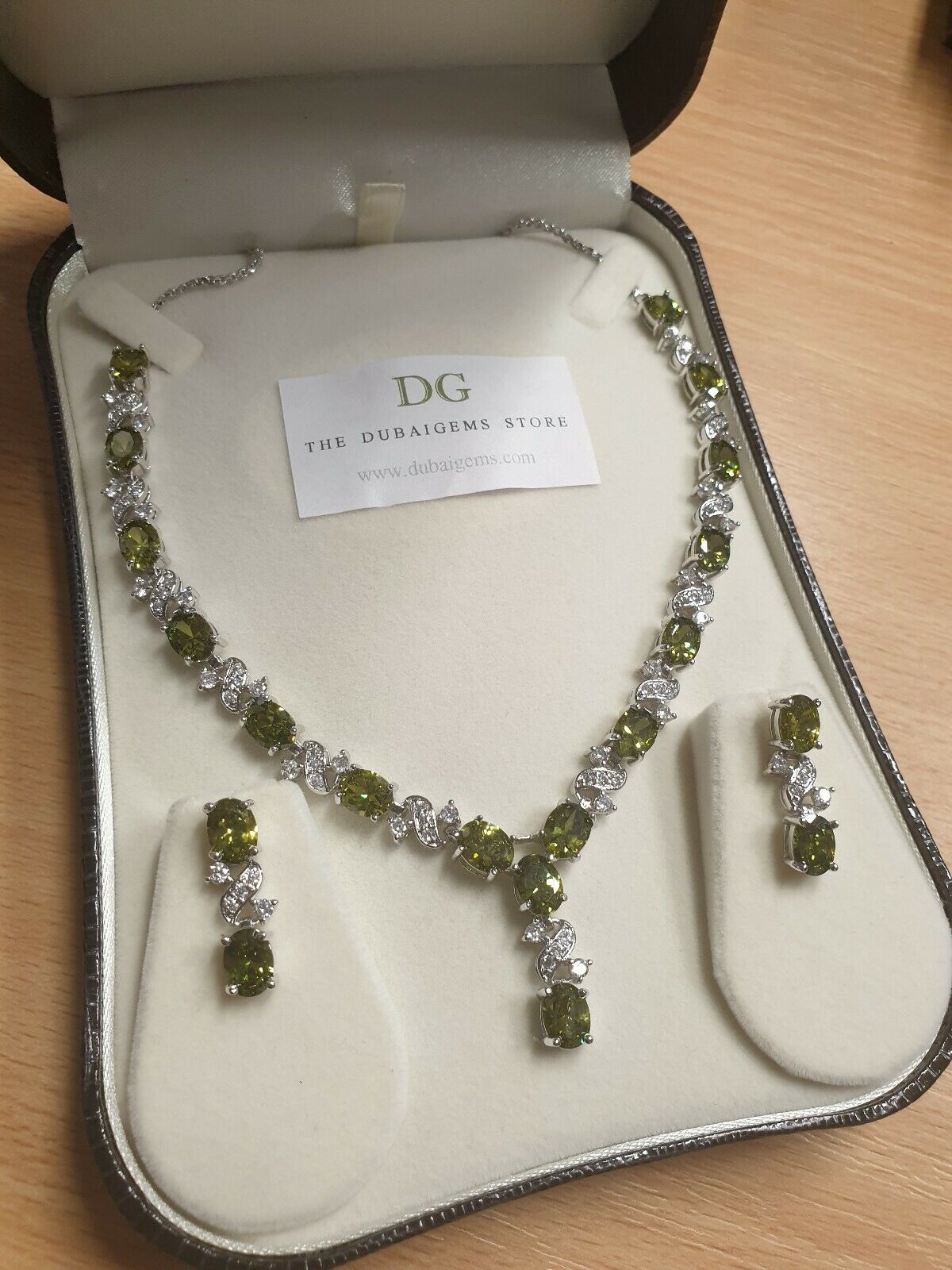 White gold finish Dorchester oval Range peridot necklace earrings gift set