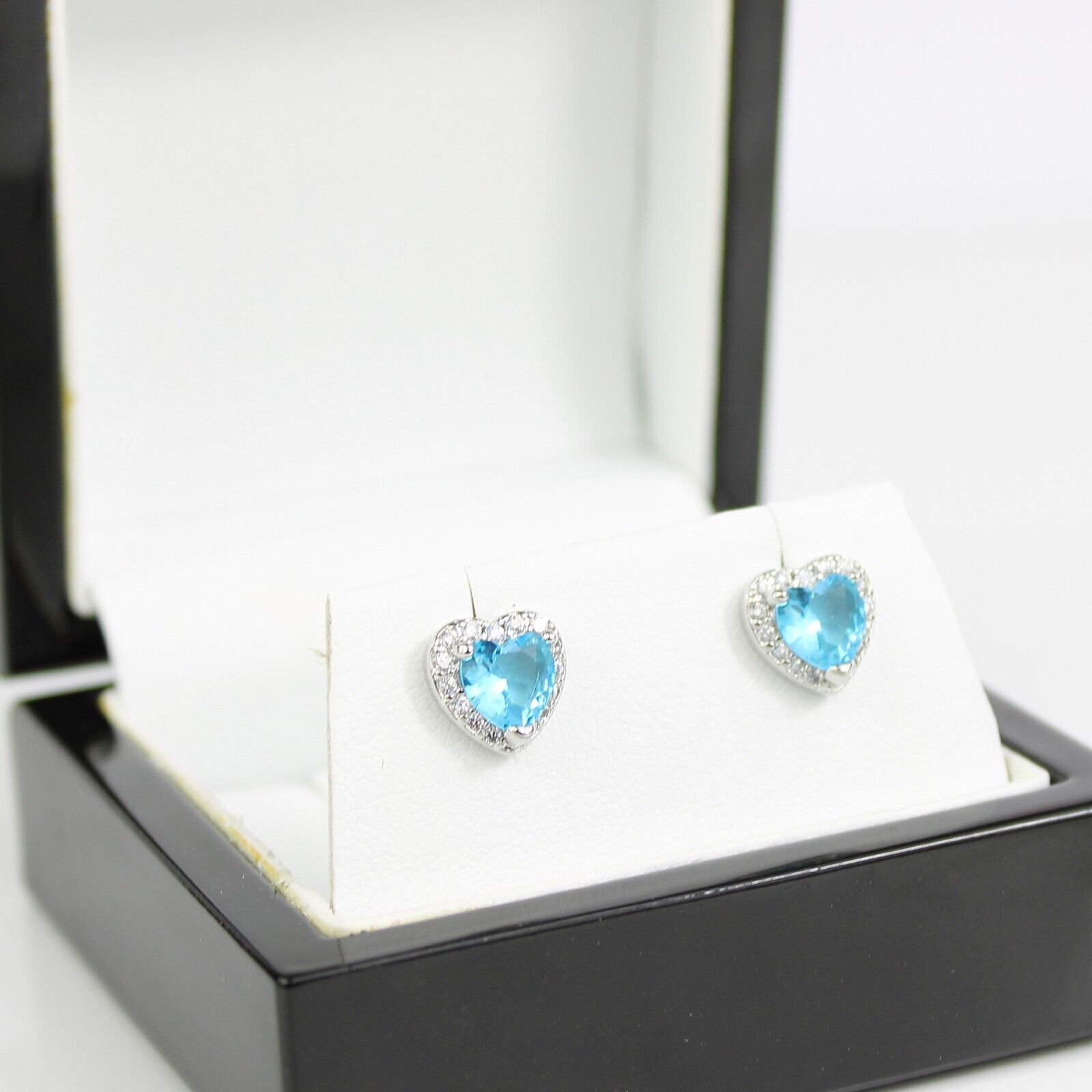 WHITE GOLD FINISH Blue Tourmaline Heart Cut Created Diamond Stud Earrings