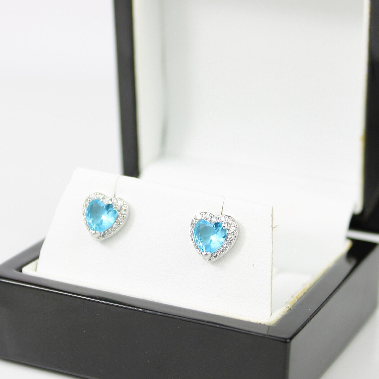 WHITE GOLD FINISH Blue Tourmaline Heart Cut Created Diamond Stud Earrings