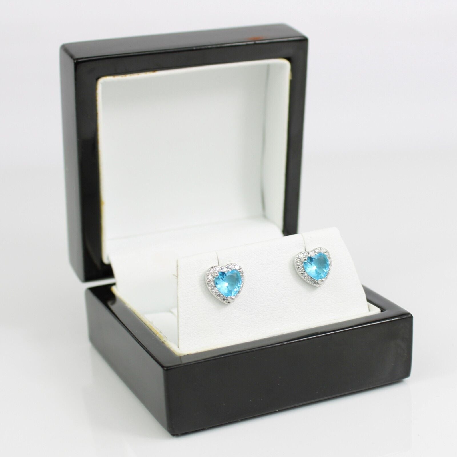 WHITE GOLD FINISH Blue Tourmaline Heart Cut Created Diamond Stud Earrings