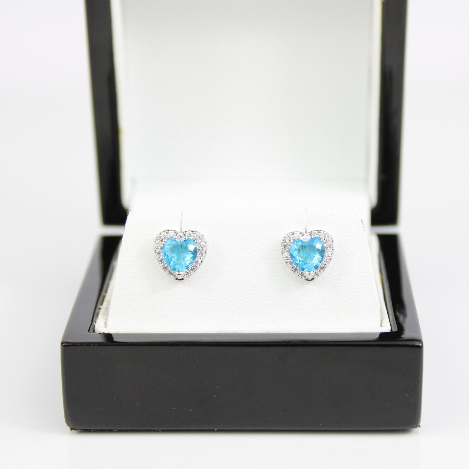 WHITE GOLD FINISH Blue Tourmaline Heart Cut Created Diamond Stud Earrings