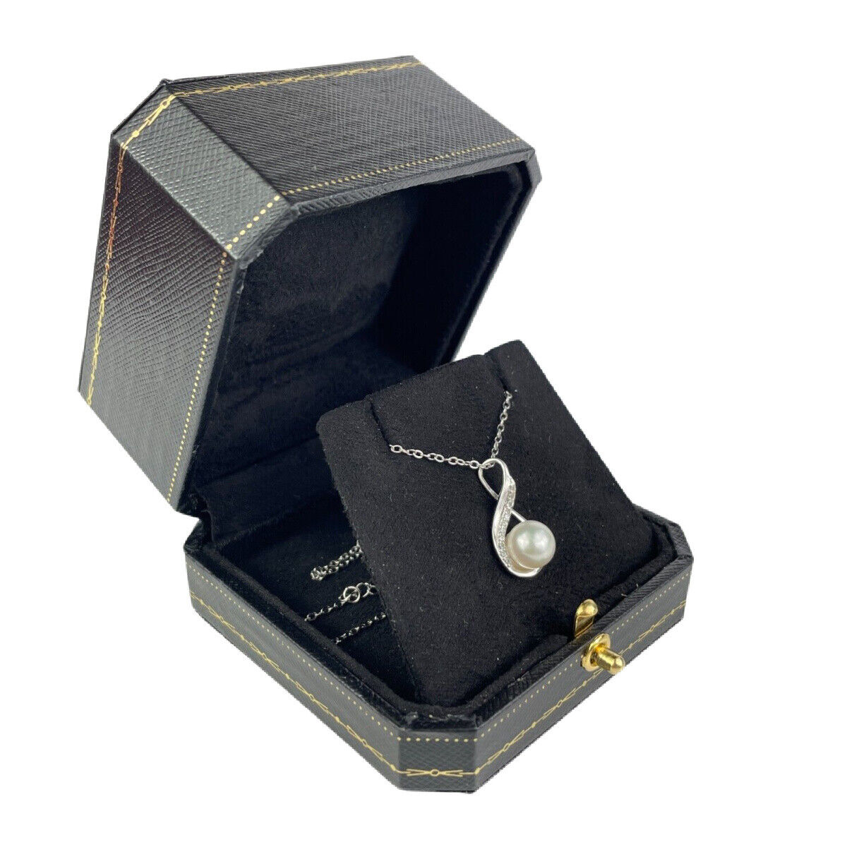 WHITE GOLD FINISH Pearl and Round Cut Created Diamond Swirl Pendant Necklace