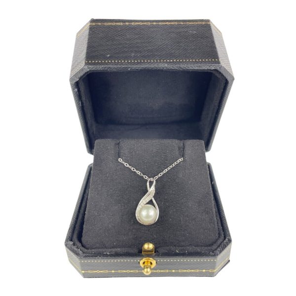 WHITE GOLD FINISH Pearl and Round Cut Created Diamond Swirl Pendant Necklace