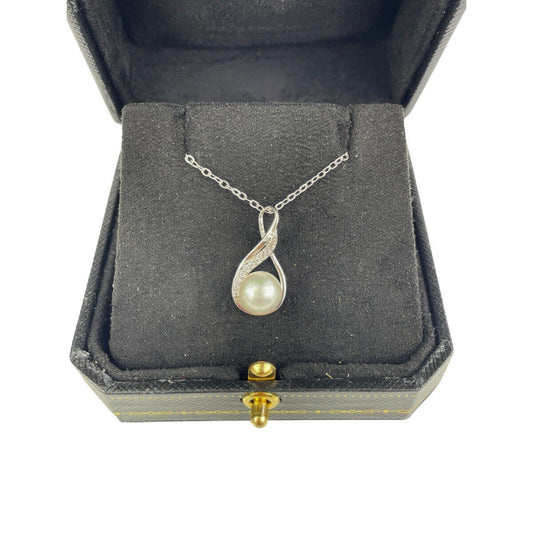 WHITE GOLD FINISH Pearl and Round Cut Created Diamond Swirl Pendant Necklace