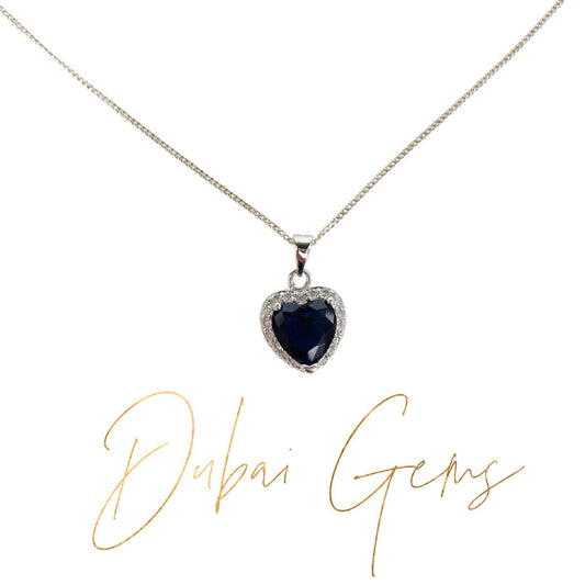 White Gold Finish Blue Sapphire Heart Cut Necklace with Created Diamonds | Romantic Pendant Jewellery Gift