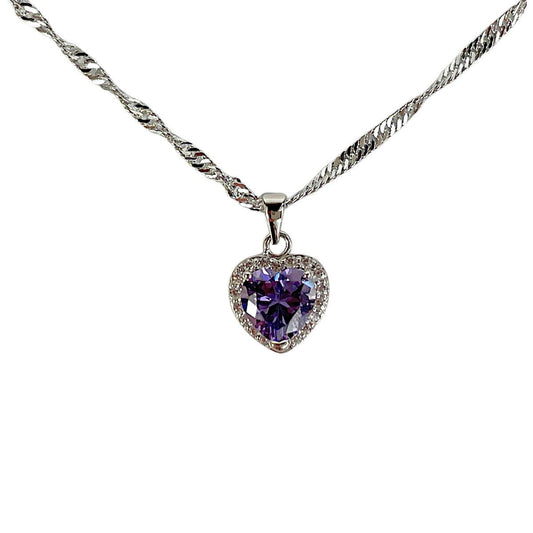 WHITE GOLD FINISH Purple Amethyst Heart Cut Created Diamond Pendant Necklace