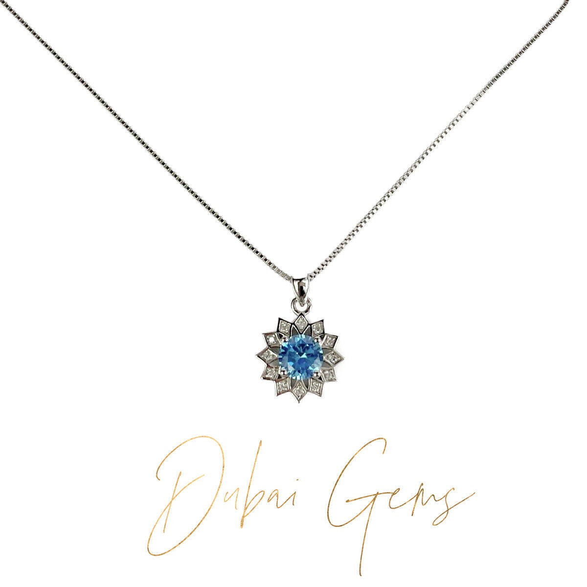 WHITE GOLD FINISH Round Cut Blue Topaz and Created Diamond Sunflower Necklace