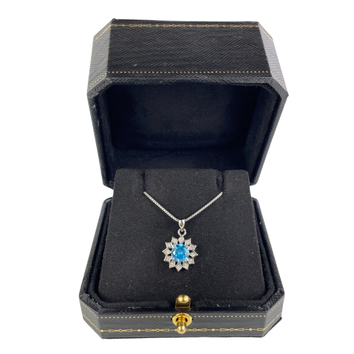 WHITE GOLD FINISH Round Cut Blue Topaz and Created Diamond Sunflower Necklace