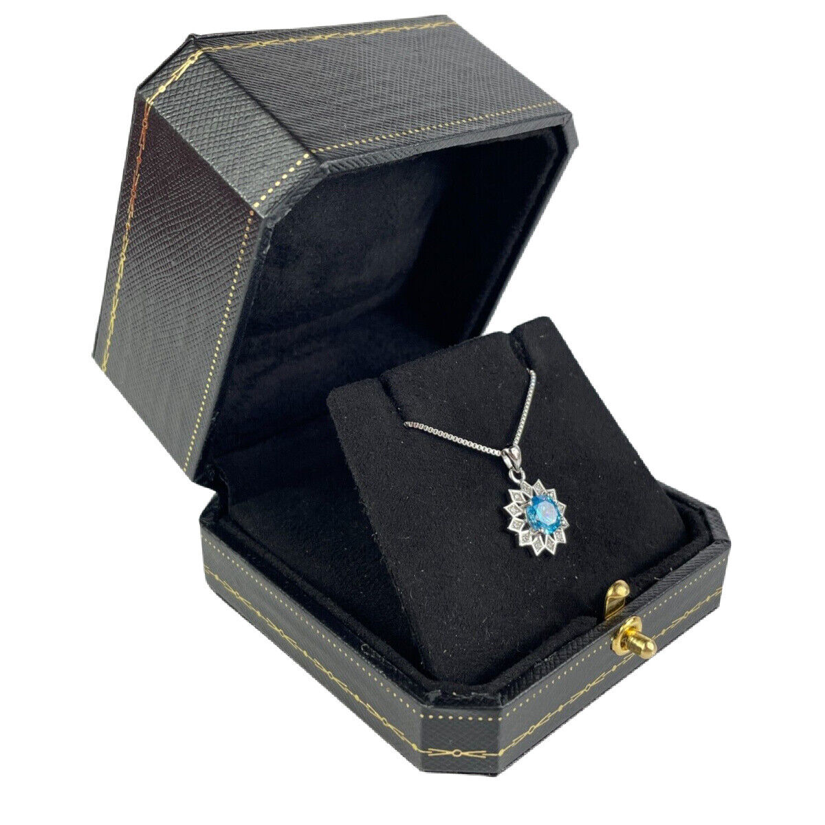 WHITE GOLD FINISH Round Cut Blue Topaz and Created Diamond Sunflower Necklace