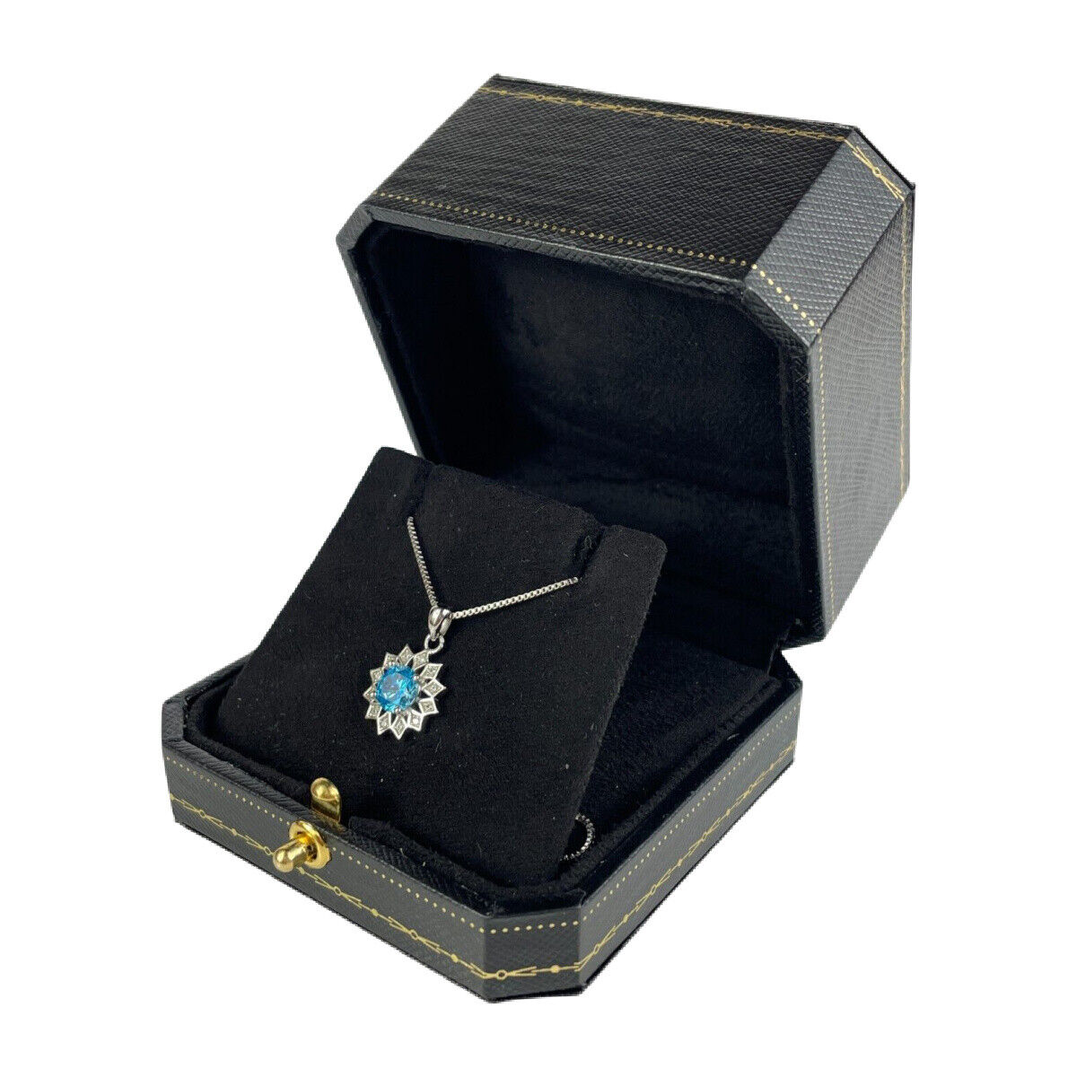 WHITE GOLD FINISH Round Cut Blue Topaz and Created Diamond Sunflower Necklace