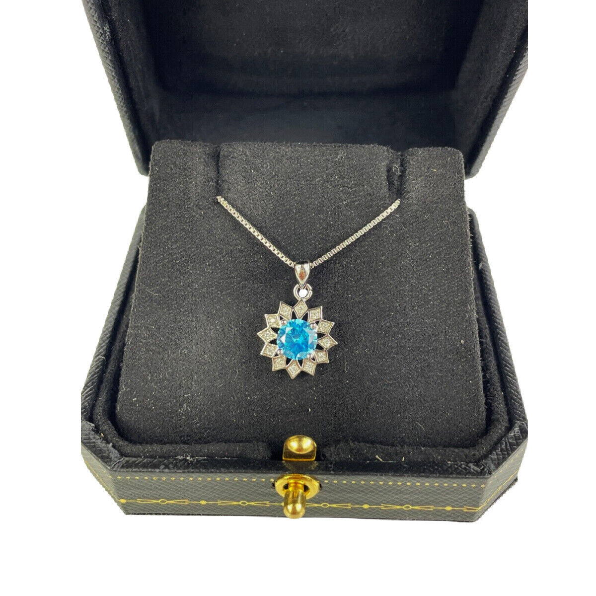 WHITE GOLD FINISH Round Cut Blue Topaz and Created Diamond Sunflower Necklace