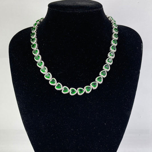 WHITE GOLD FINISH Green Emerald Clustered Heart Cut Created Diamond Necklace