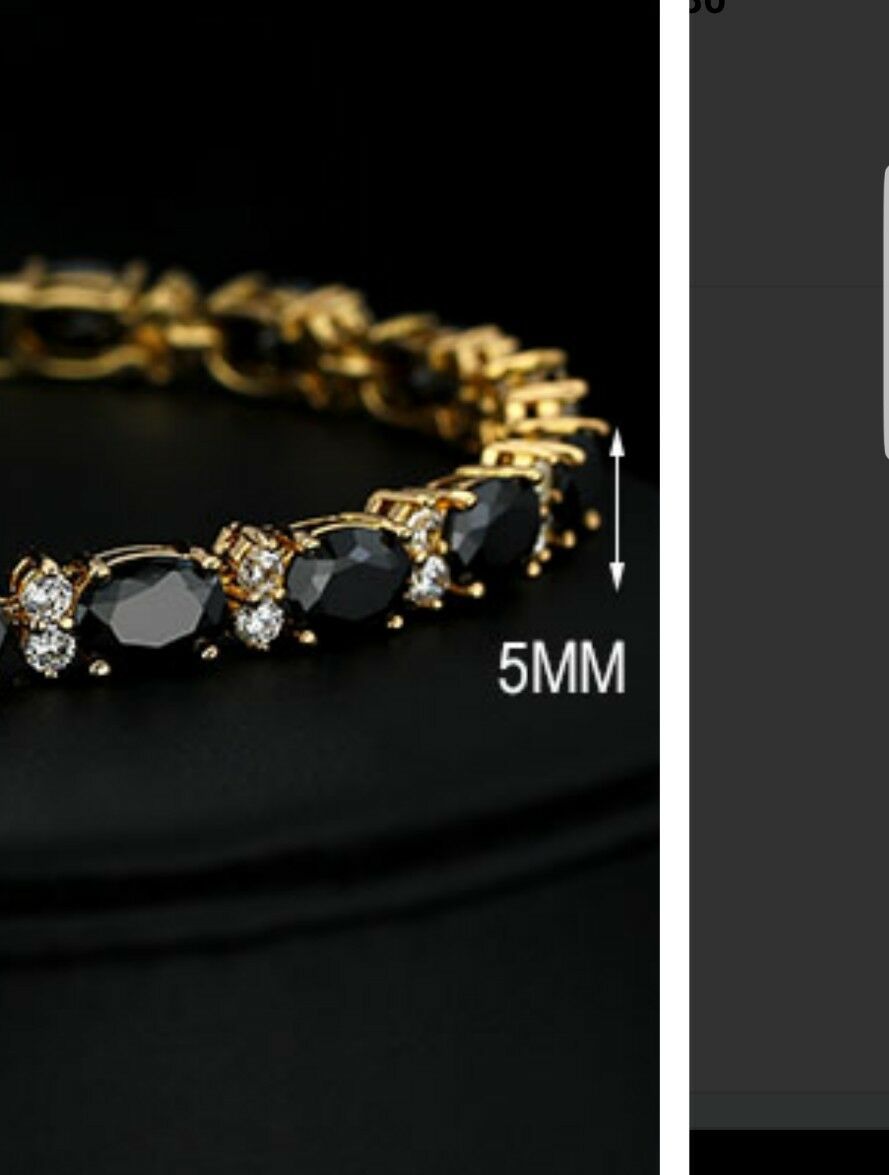 Yellow Gold Finish 18K Onyx & Created Diamond Tennis Bracelet + Gift Box