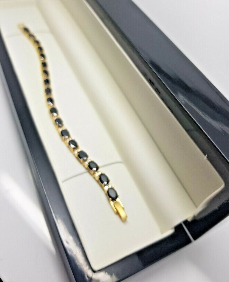Yellow Gold Finish 18K Onyx & Created Diamond Tennis Bracelet + Gift Box