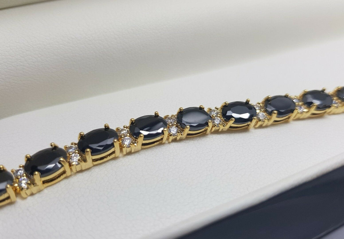 Yellow Gold Finish 18K Onyx & Created Diamond Tennis Bracelet + Gift Box