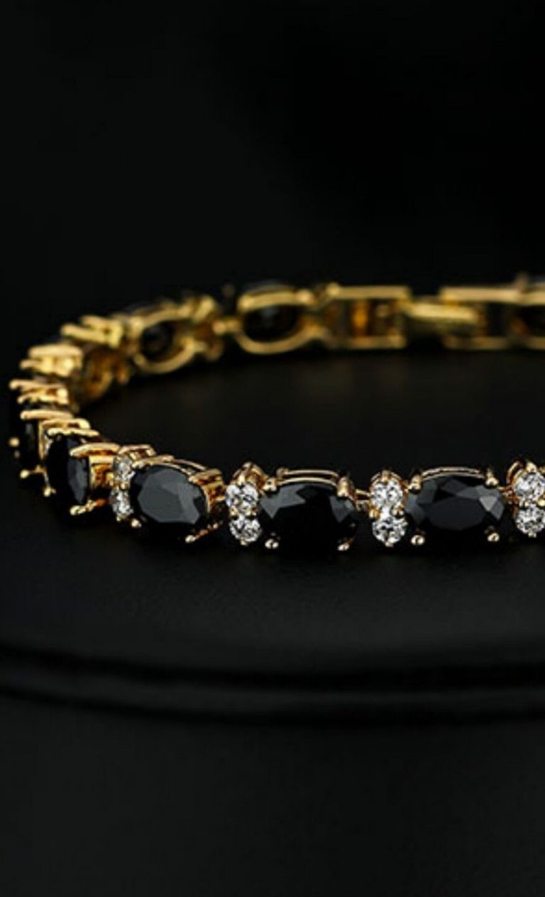 Yellow Gold Finish 18K Onyx & Created Diamond Tennis Bracelet + Gift Box