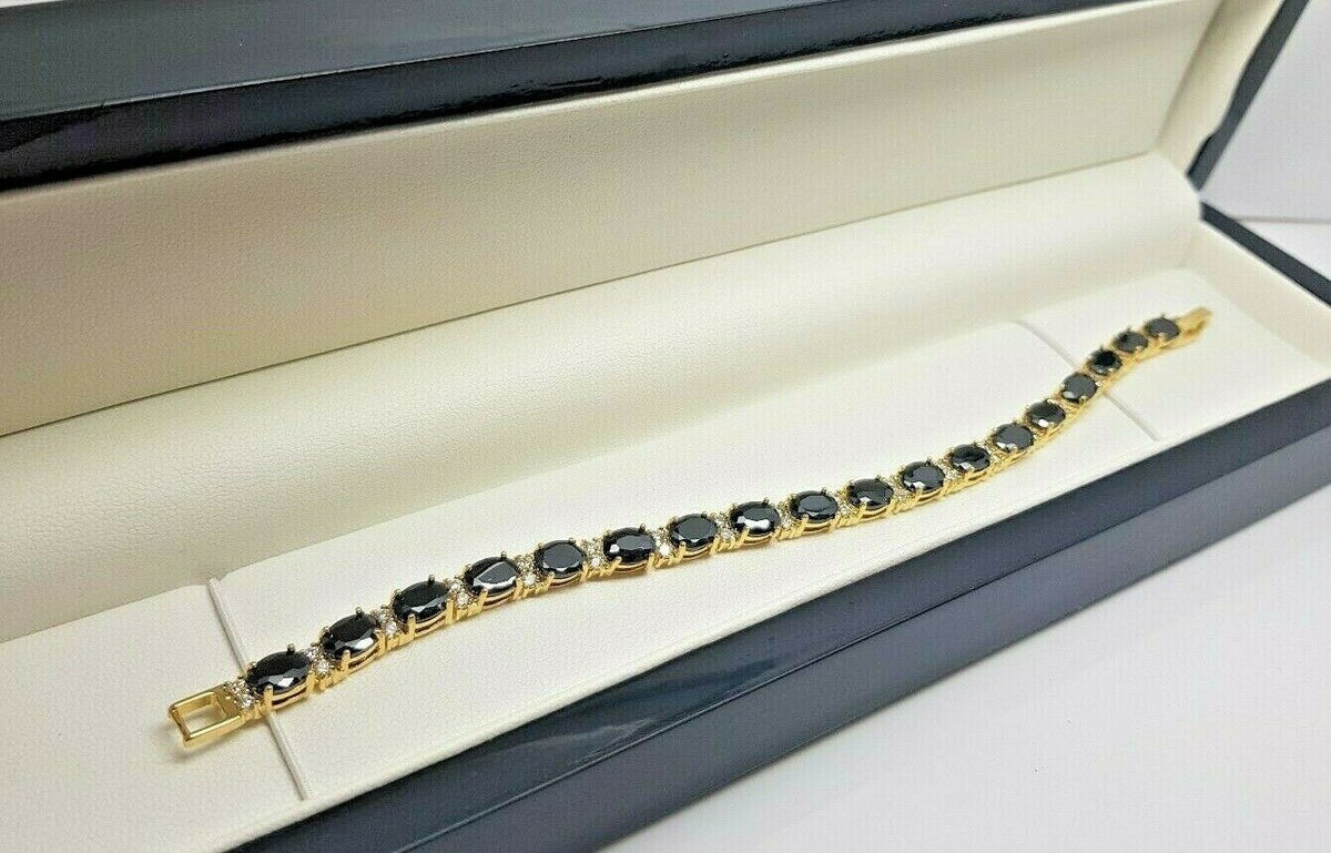 Yellow Gold Finish 18K Onyx & Created Diamond Tennis Bracelet + Gift Box