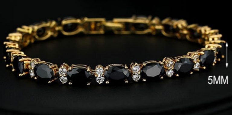 Yellow Gold Finish 18K Onyx & Created Diamond Tennis Bracelet + Gift Box