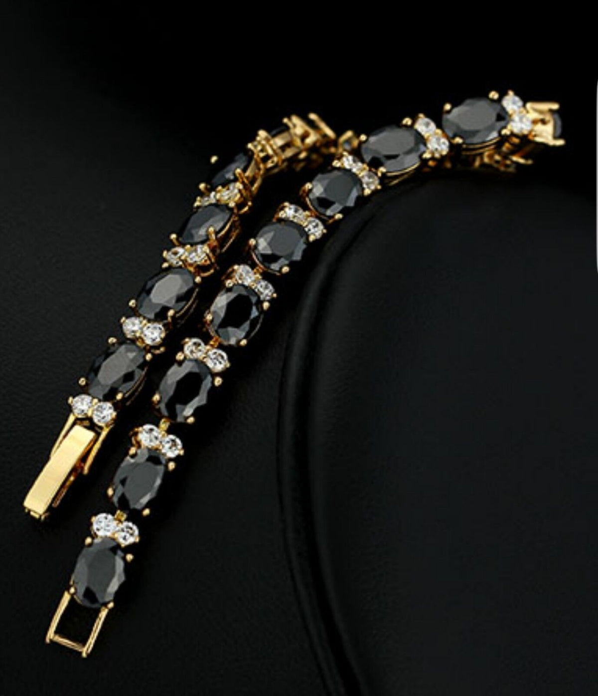 Yellow Gold Finish 18K Onyx & Created Diamond Tennis Bracelet + Gift Box