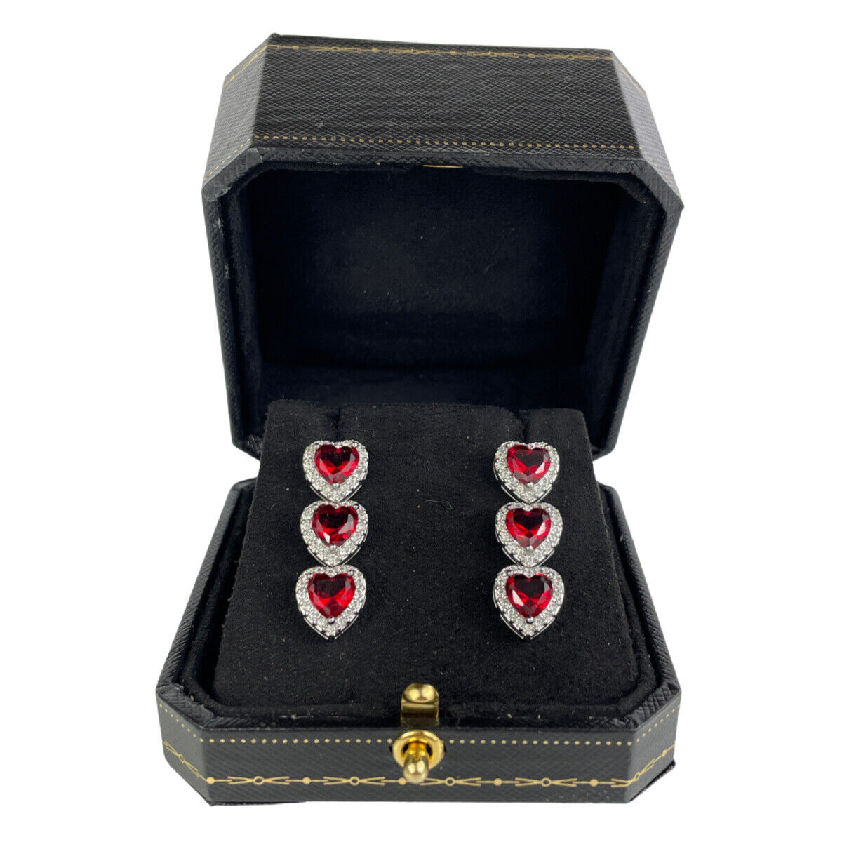 WHITE GOLD FINISH Red Ruby Heart Cut Created Diamond Dangle Earrings