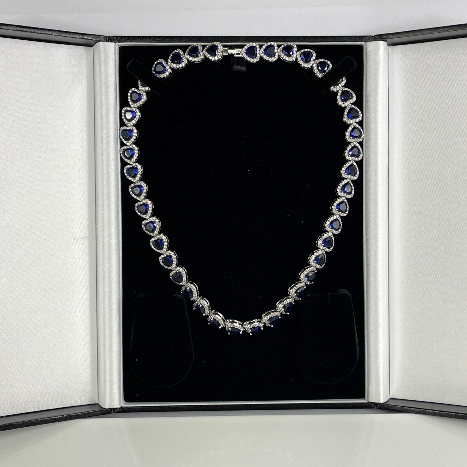 White Gold Finish Blue Sapphire Heart Cut Necklace with Created Diamonds | Elegant Pendant Jewellery