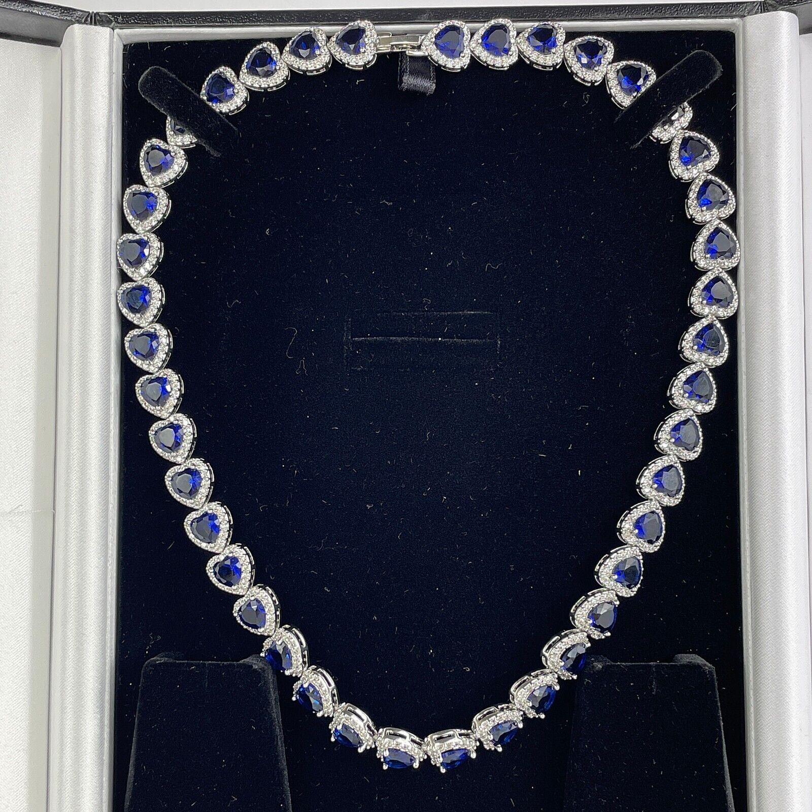 White Gold Finish Blue Sapphire Heart Cut Necklace with Created Diamonds | Elegant Pendant Jewellery
