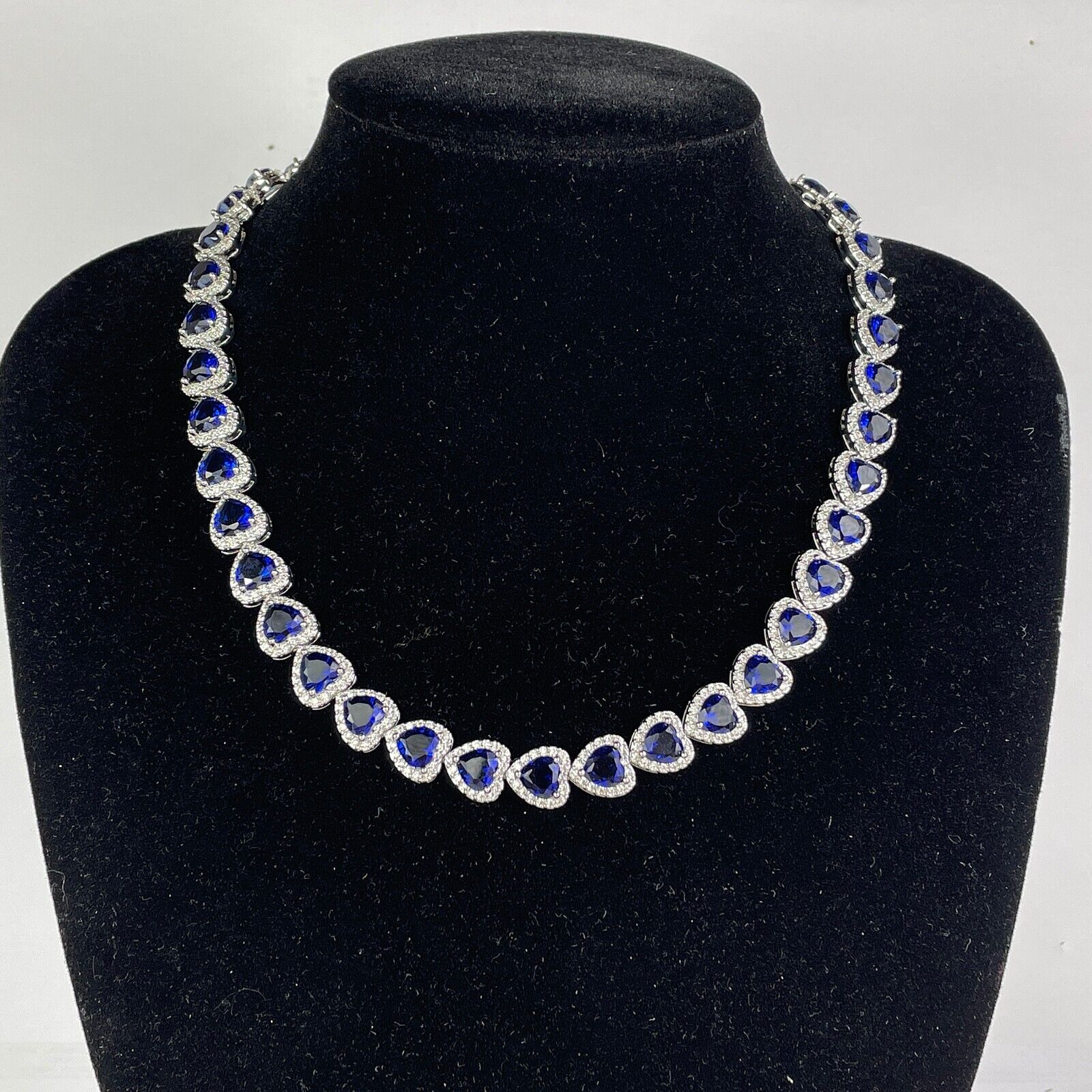 White Gold Finish Blue Sapphire Heart Cut Necklace with Created Diamonds | Elegant Pendant Jewellery