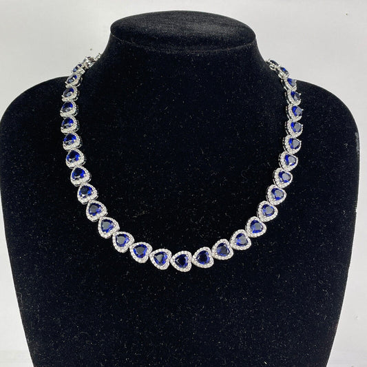 White Gold Finish Blue Sapphire Heart Cut Necklace with Created Diamonds | Elegant Pendant Jewellery