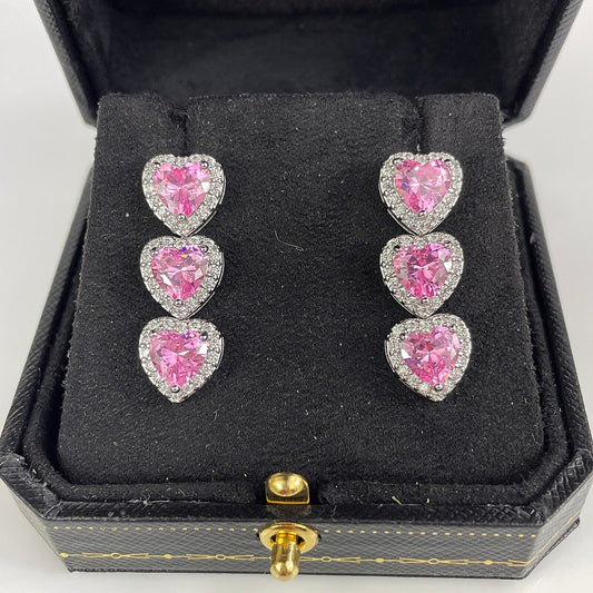 WHITE GOLD FINISH Pink Tourmaline Heart Cut Dangle Created Diamond Earrings