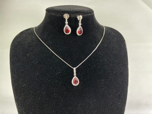 WHITE GOLD FINISH Red Ruby and Created Diamond Necklace and Earrings Set