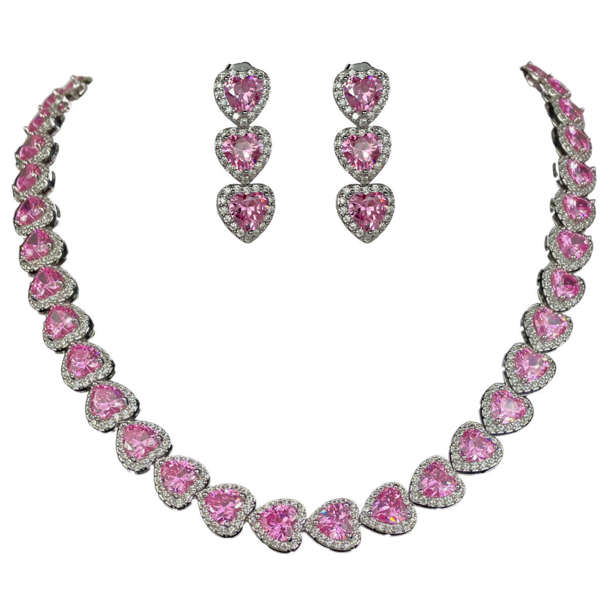 Heart Cut Pink Tourmaline With Created Diamonds Necklace and Earrings Free Gift Box