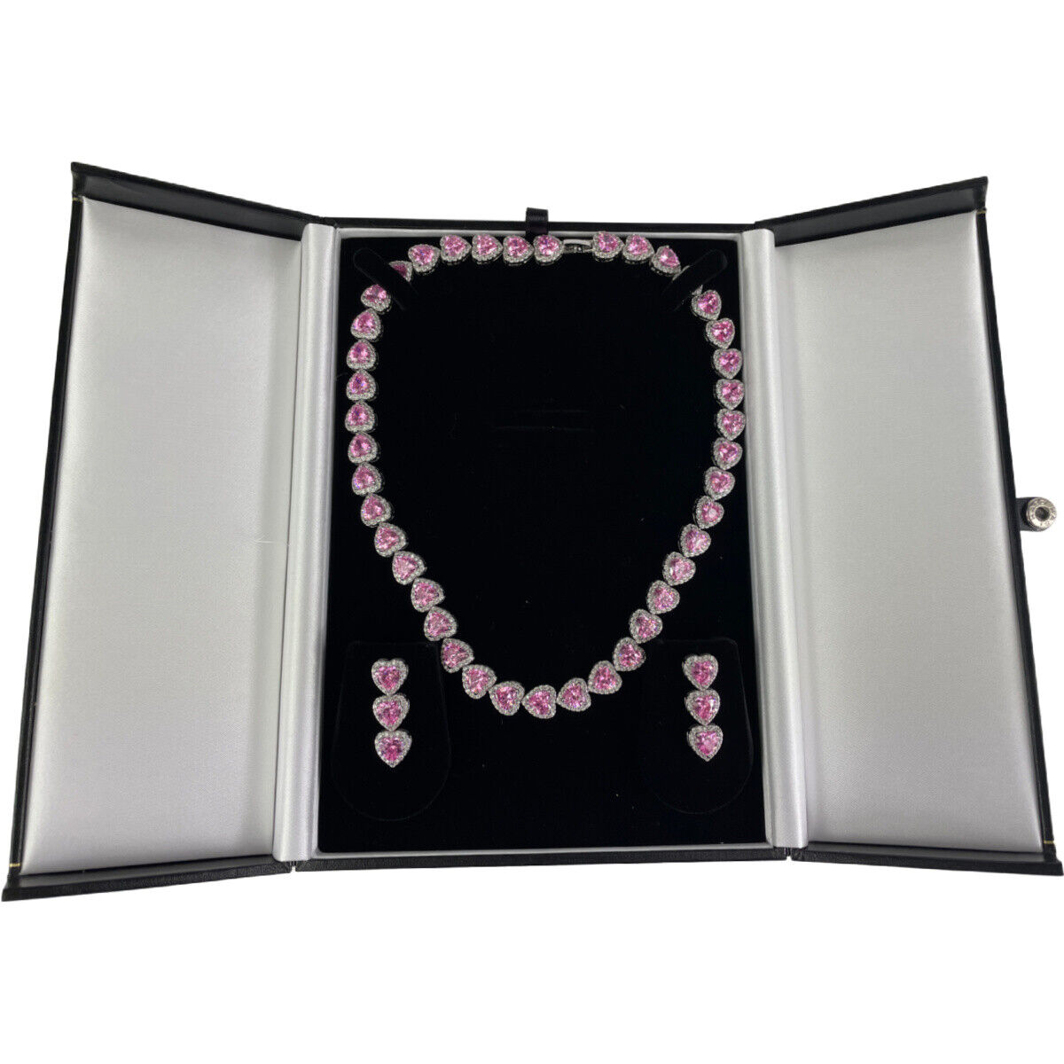 Heart Cut Pink Tourmaline With Created Diamonds Necklace and Earrings Free Gift Box