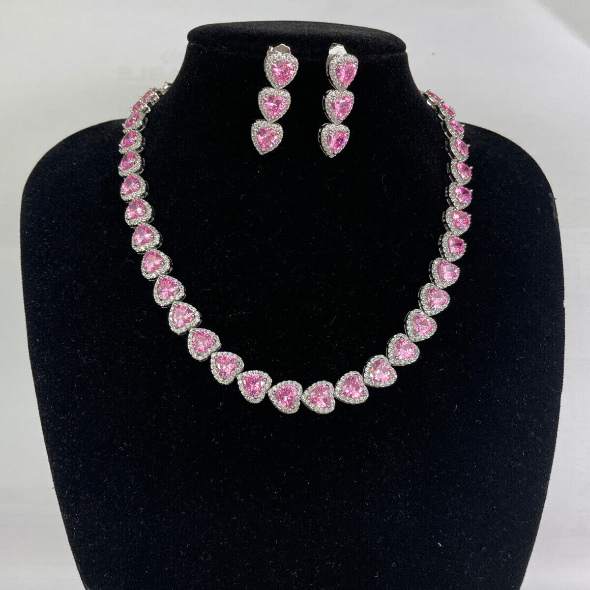 Heart Cut Pink Tourmaline With Created Diamonds Necklace and Earrings Free Gift Box